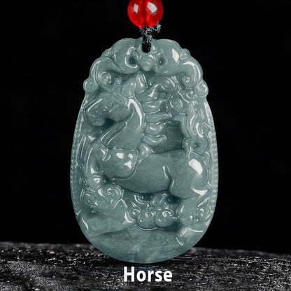 Chinese Zodiac Jade Year of the Horse Luck Rope Necklace Pendant