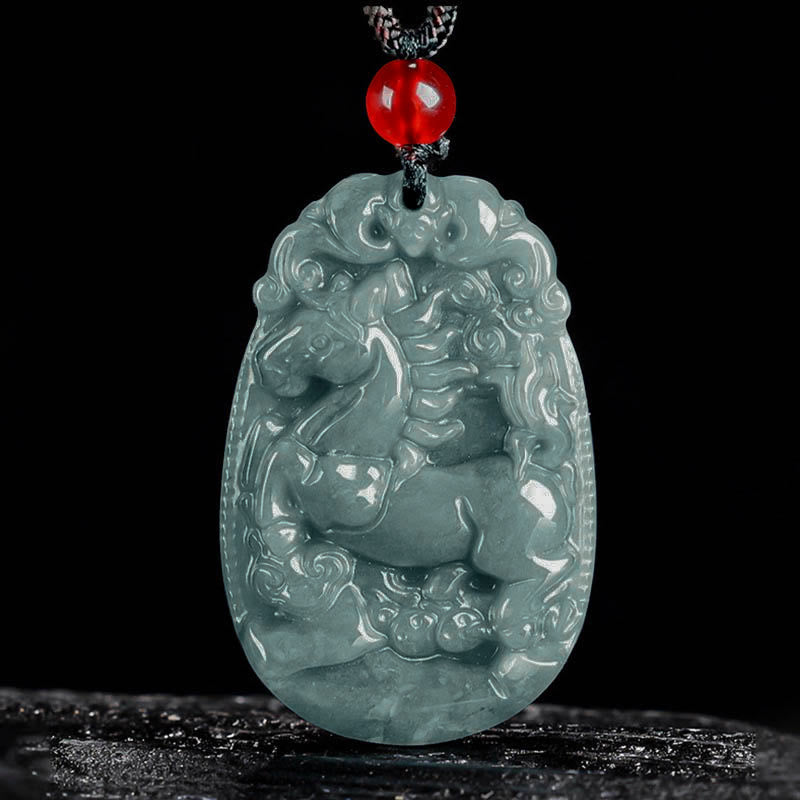 Chinese Zodiac Jade Year of the Horse Luck Rope Necklace Pendant